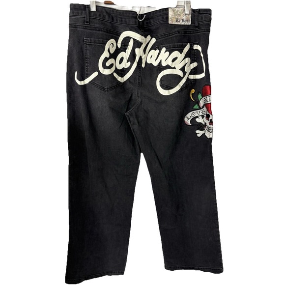 Ed Hardy Denim - Vintage Y2K Ed Hardy Baggy Embroidered Denim Jeans Womens Size 38 Rare Black‎